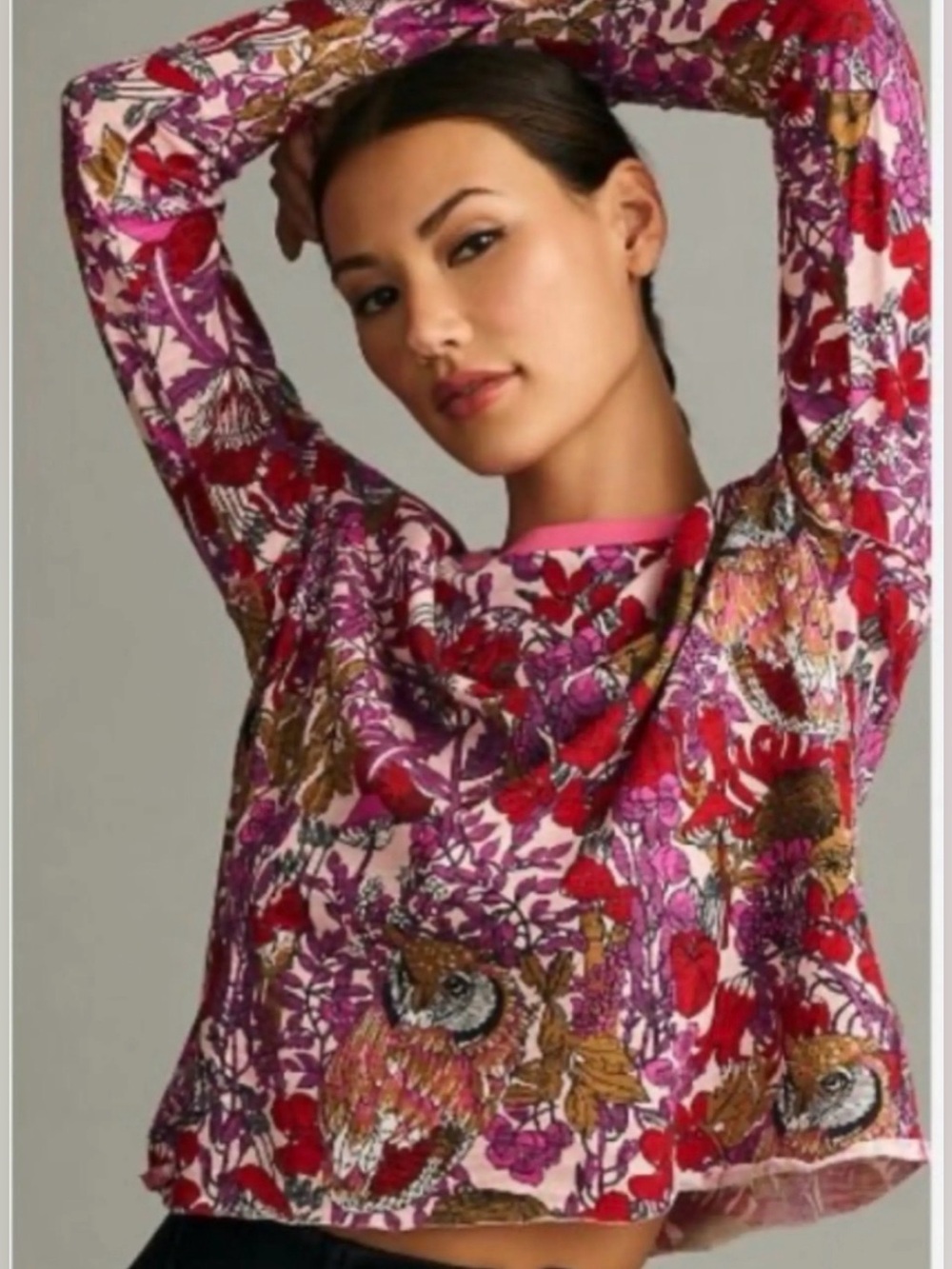 Maeve The Caitlin Boxy Long-Sleeve Tee Shirt-Pink Woodland Print